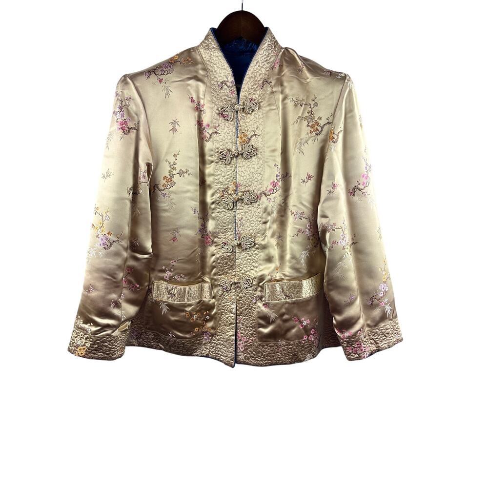 Women’s Large Reversible Royal Blue & Gold Kimono Style Blouse w/ Floral Pattern - Picture 4 of 6